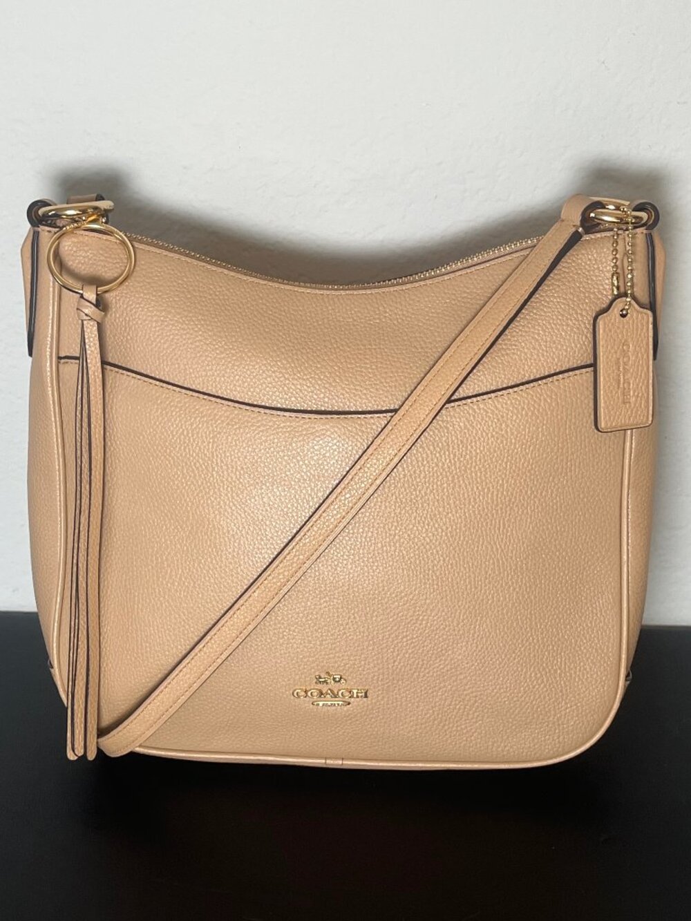 Coach Chaise Pebbled Leather Crossbody Bag Handbag Purse Neutral Taupe Tan